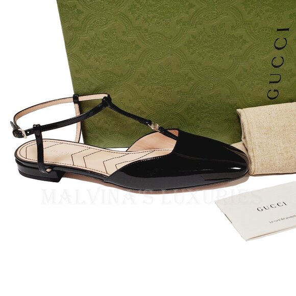 GUCCI SHOES T-STRAP BLACK LEATHER BALLET FLATS w DOUBLE G LOGO sz 39 9 - Picture 15 of 16